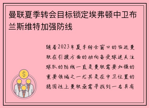 曼联夏季转会目标锁定埃弗顿中卫布兰斯维特加强防线 曼联夏季转会目标锁定埃弗顿中卫布兰斯维特加强防线