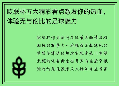 欧联杯五大精彩看点激发你的热血，体验无与伦比的足球魅力